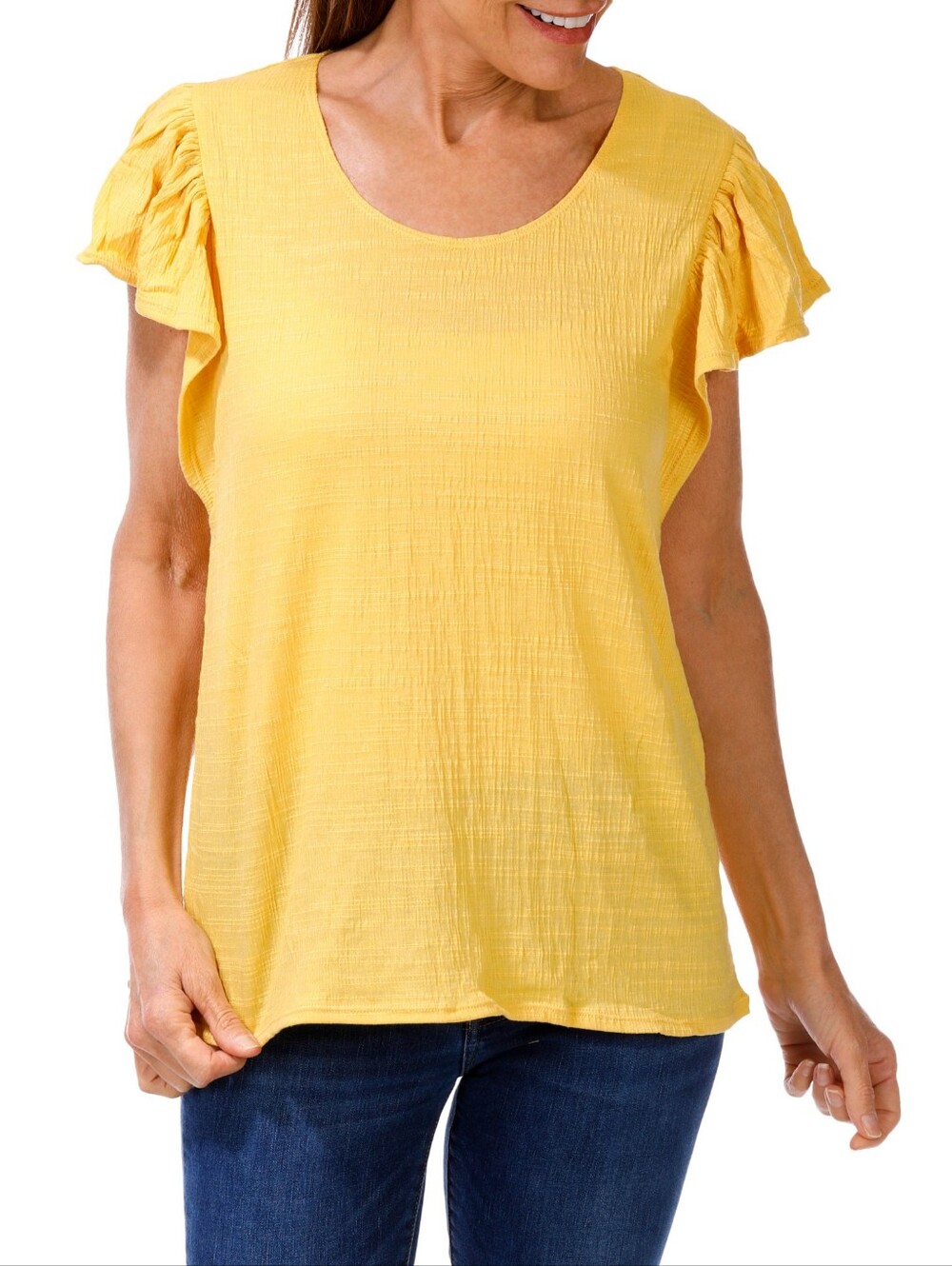 Max Studio Yellow Crinkle Ruffle Short Sleeve Top Size Large